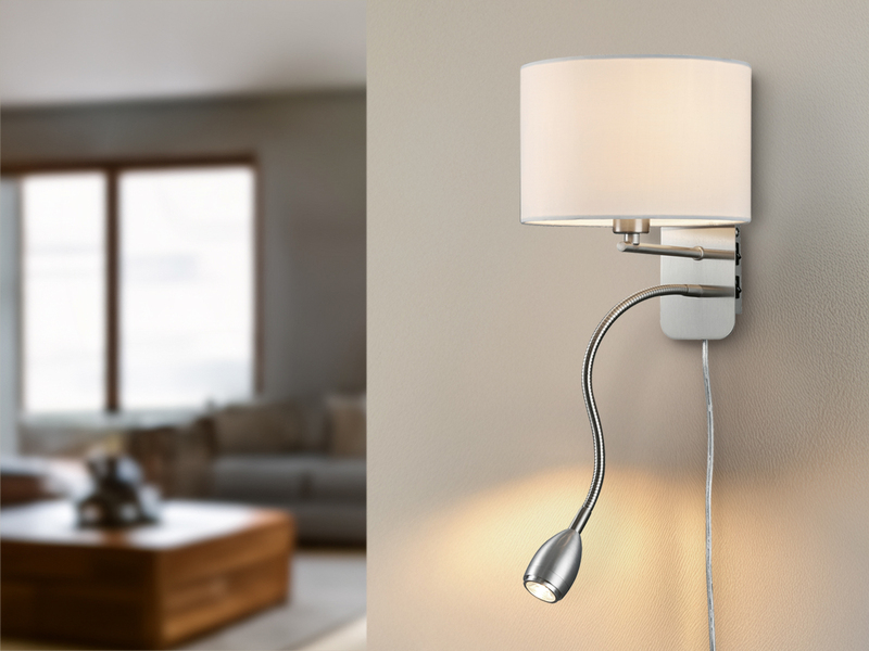 Wandleuchte HOTEL mit LED Leselampe & Stecker, Stoffschirm Weiß, Höhe 23,5cm