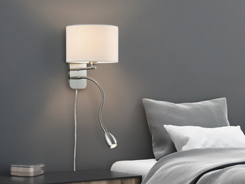 Wandlampe HOTEL mit Leselampe, Schalter & Stecker, Stoffschirm Weiß, Höhe 23,5cm
