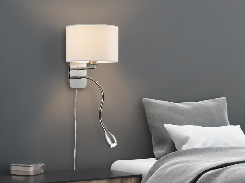 Wandlampe HOTEL mit Leselampe, Schalter & Stecker, Stoffschirm Weiß, Höhe 23,5cm