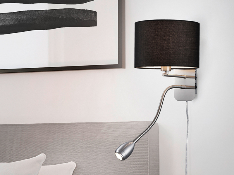Wandleuchte HOTEL mit LED Leselampe & Stecker, Stoffschirm Schwarz, H: 23,5cm