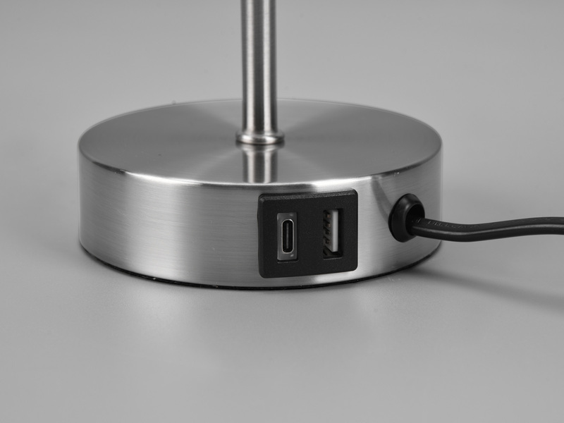Tischleuchte JARO Silber & Stoffschirm Weiß mit USB-Ladestationen Höhe 35cm