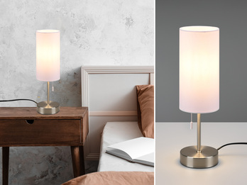 Tischleuchte JARO Silber & Stoffschirm Weiß mit USB-Ladestationen Höhe 35cm