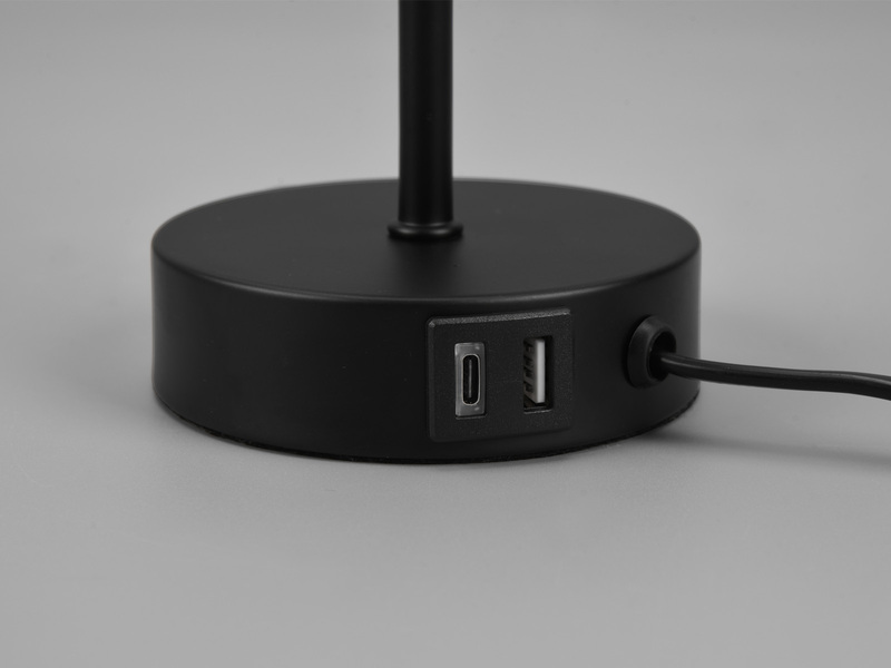 Tischleuchte JARO Metall & Stoffschirm Schwarz USB-Ladestationen Höhe 35cm