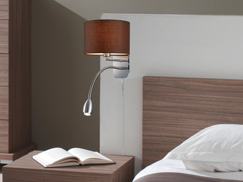 Wandleuchte HOTEL Silber matt mit Stoffschirm Braun Ø 20cm & LED Leselampe