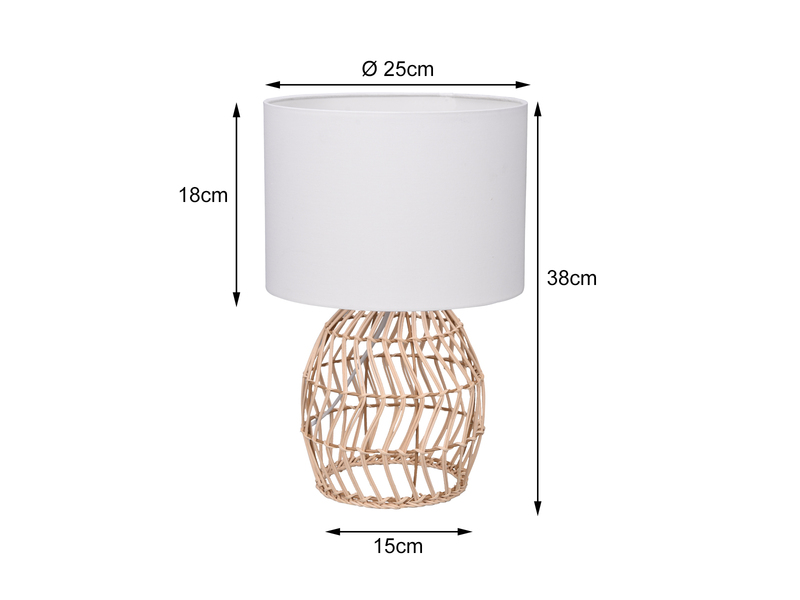 LED Tischleuchte mit Rattan Geflecht & Stoff Lampenschirm Weiß, Höhe 38cm