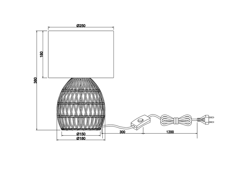 LED Tischleuchte mit Rattan Geflecht & Stoff Lampenschirm Weiß, Höhe 38cm
