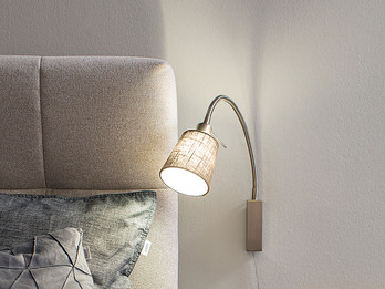 LED Wandleuchte & Bettleuchte Leinen Beige mit Schwanenhals, Breite 11cm