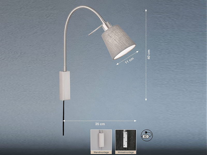 LED Wandleuchte & Bettleuchte Leinen Grau mit Schwanenhals, Breite 11cm