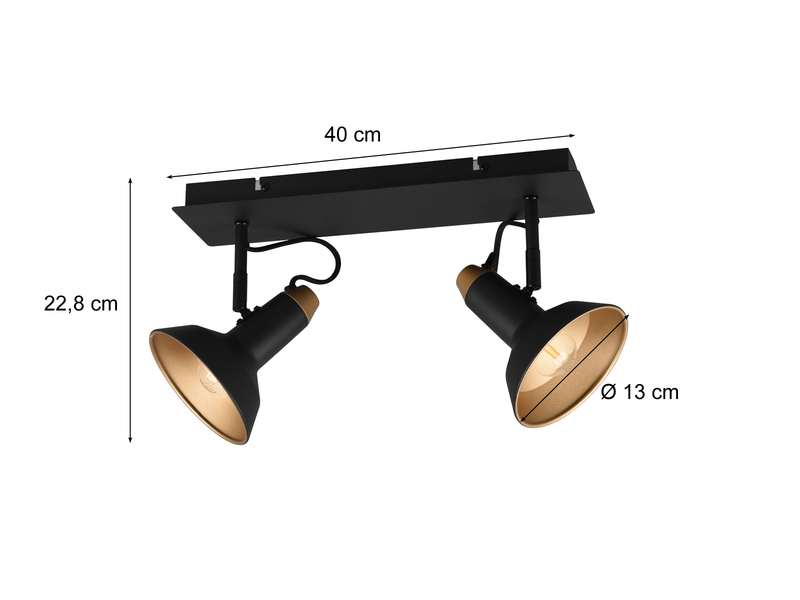 LED Deckenstrahler Retro 2-flammig Metall Schwarz / Gold, Breite 40cm