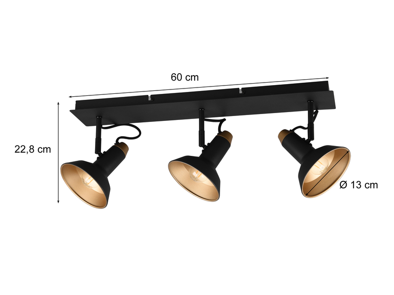 LED Deckenstrahler Retro 3-flammig Metall Schwarz / Gold, Breite 60cm
