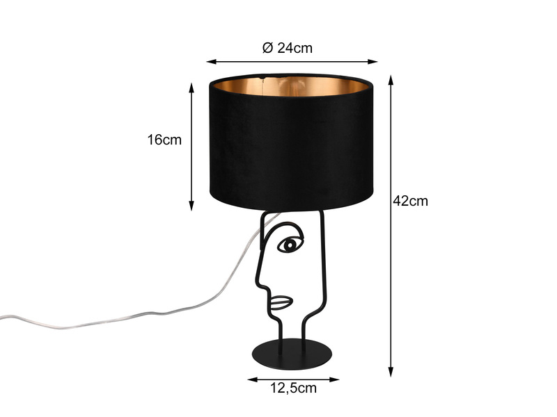 LED Tischleuchte Lampenschirm Samt in Schwarz Gold, Höhe 42cm