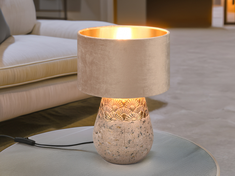 Tischleuchte KIRAN Keramikfuß Grau mit Samtschirm Beige Gold, Höhe 38cm