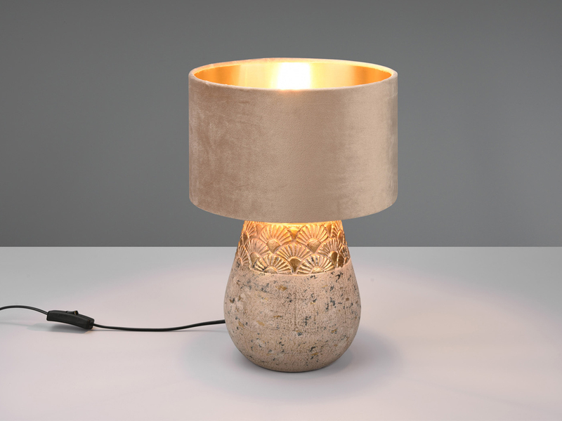 LED Tischleuchte Keramikfuß Grau mit Samtschirm Beige Gold, Höhe 38cm