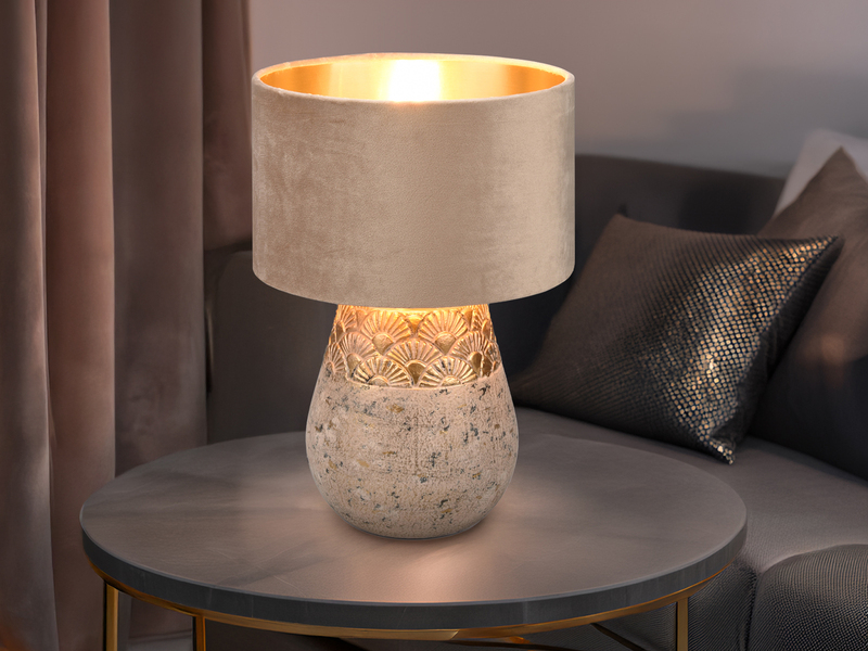 LED Tischleuchte Keramikfuß Grau mit Samtschirm Beige Gold, Höhe 38cm