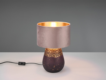 LED Tischleuchte Keramikfuß Braun mit Samtschirm Pastellrosa Gold, Höhe 38cm