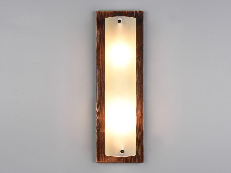 Flache Wandleuchte PALI Holzlampe Braun mit Glasschirm Weiß, 45x14 cm