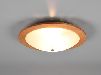 Flache Deckenleuchte PALI Holzlampe Natur mit Glasschirm Weiß, Ø 32 cm