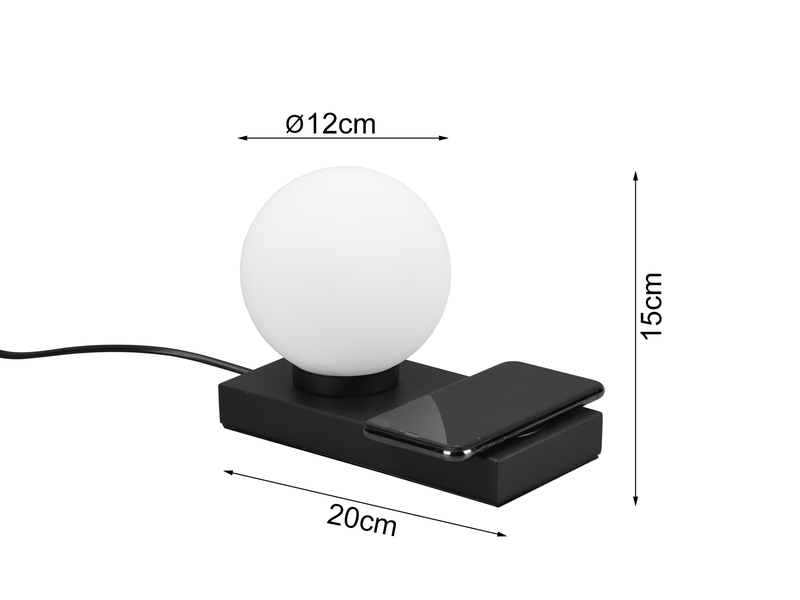 Tischleuchte CHLOE Schwarz induktive Ladestation & Touch Glasschirm 12cm