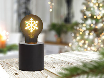 Tischlampe Beton Schwarz mit Deko LED Glühbirne Schneeflocke, Höhe 9cm