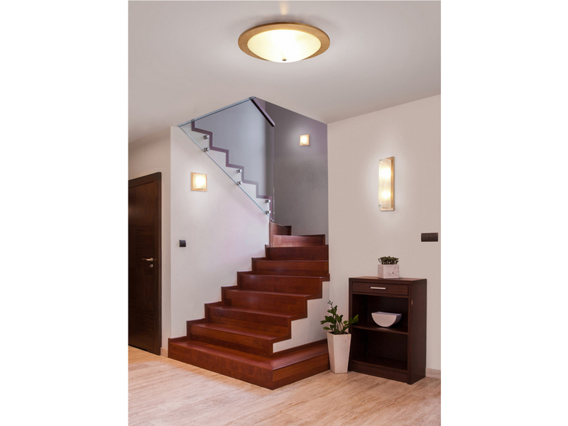 Flache LED Wandleuchte Holzlampe Natur mit Glasschirm Weiß, 25x25 cm