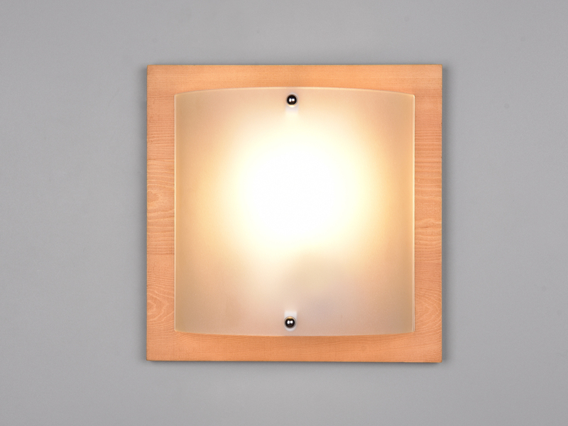 Flache LED Wandleuchte Holzlampe Natur mit Glasschirm Weiß, 25x25 cm