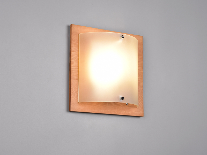 Flache LED Wandleuchte Holzlampe Natur mit Glasschirm Weiß, 25x25 cm