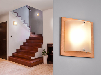 Flache LED Wandleuchte Holzlampe Natur mit Glasschirm Weiß, 25x25 cm