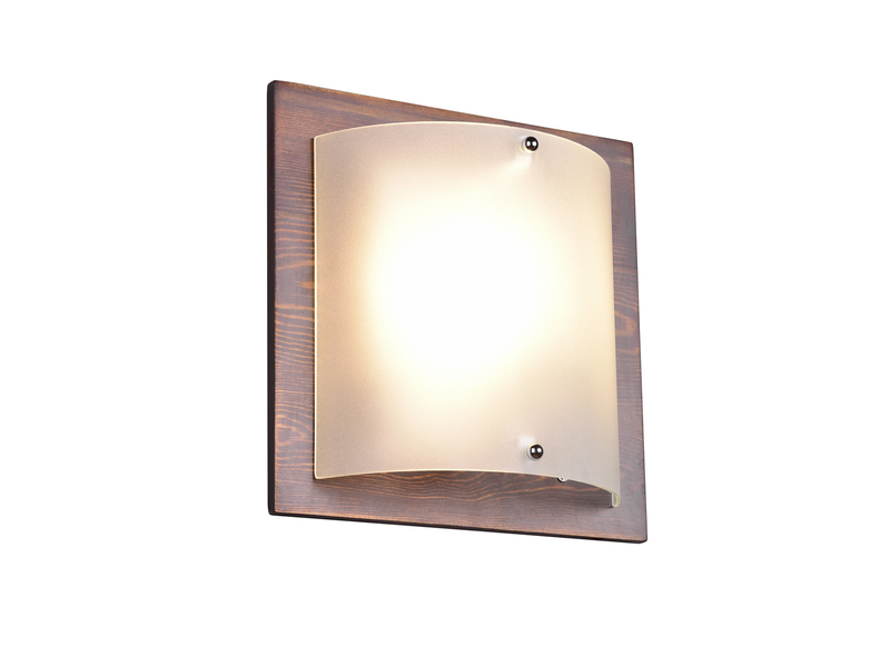 Flache LED Wandleuchte Holzlampe Braun mit Glasschirm Weiß, 25x25 cm