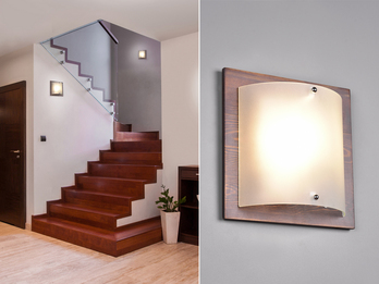 Flache LED Wandleuchte Holzlampe Braun mit Glasschirm Weiß, 25x25 cm