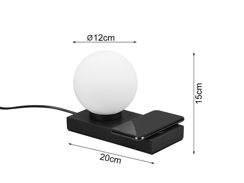 LED Tischleuchte Schwarz induktive Ladestation & Touch Glasschirm Weiß 12cm