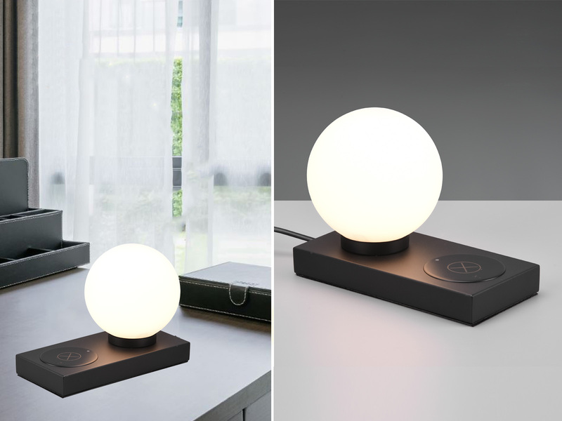 LED Tischleuchte Schwarz induktive Ladestation & Touch Glasschirm Weiß 12cm
