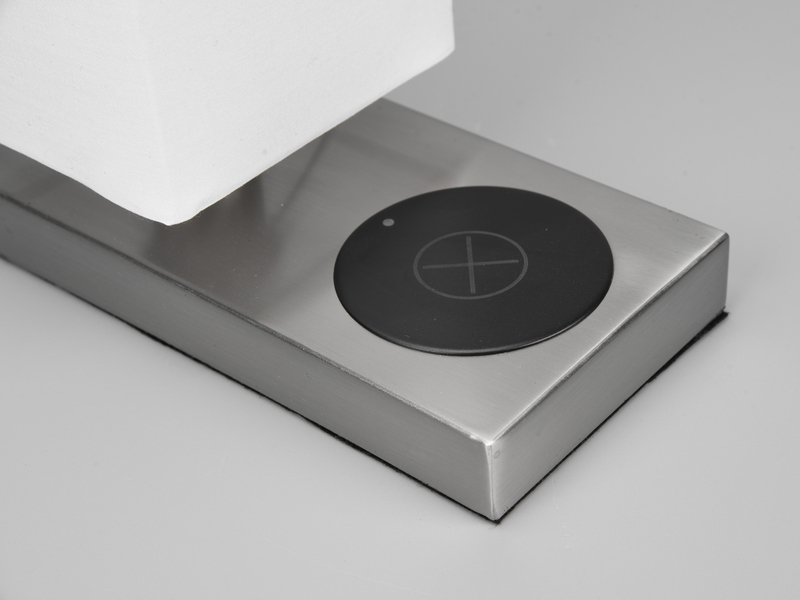 LED Tischleuchte Silber induktive Ladestation & Touch, Stoffschirm Weiß, H 35cm