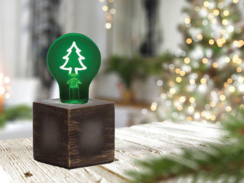 Tischlampe Würfel Grau mit Deko LED Glühbirne Tannenbaum, Quadrat 9cm