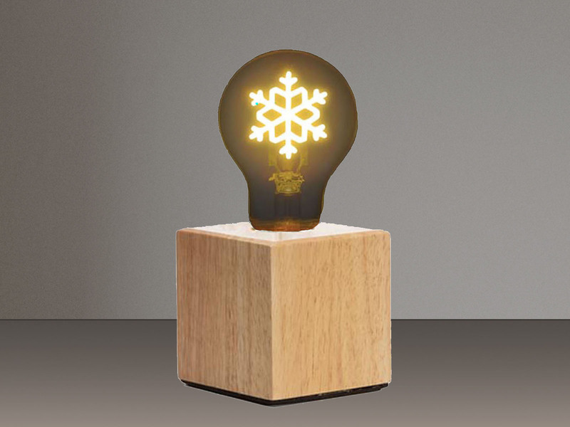 Tischlampe Würfel Holz Eiche mit Deko LED Glühbirne Schneeflocke, Quadrat 9cm