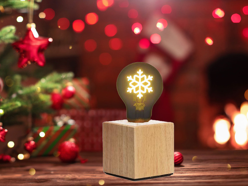 Tischlampe Würfel Holz Eiche mit Deko LED Glühbirne Schneeflocke, Quadrat 9cm