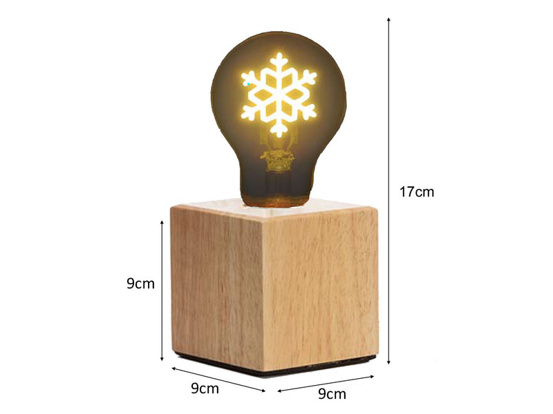 Tischlampe Würfel Holz Eiche mit Deko LED Glühbirne Schneeflocke, Quadrat 9cm