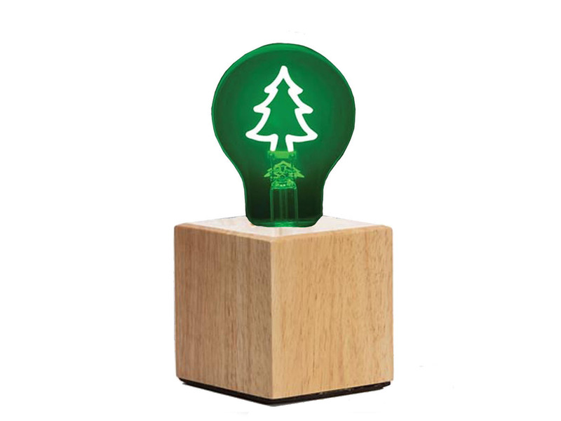 Tischlampe Würfel Holz Eiche mit Deko LED Glühbirne Tannenbaum, Quadrat 9cm