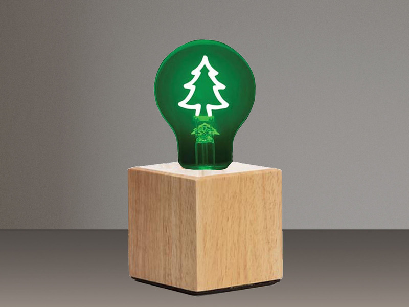 Tischlampe Würfel Holz Eiche 9x9cm mit Deko LED Glühbirne Tannenbaum