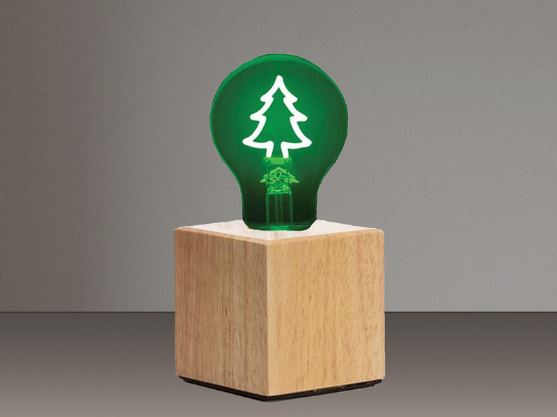 Tischlampe Würfel Holz Eiche mit Deko LED Glühbirne Tannenbaum, Quadrat 9cm