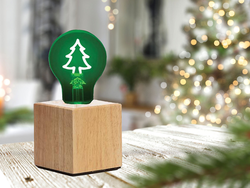 Tischlampe Würfel Holz Eiche mit Deko LED Glühbirne Tannenbaum, Quadrat 9cm