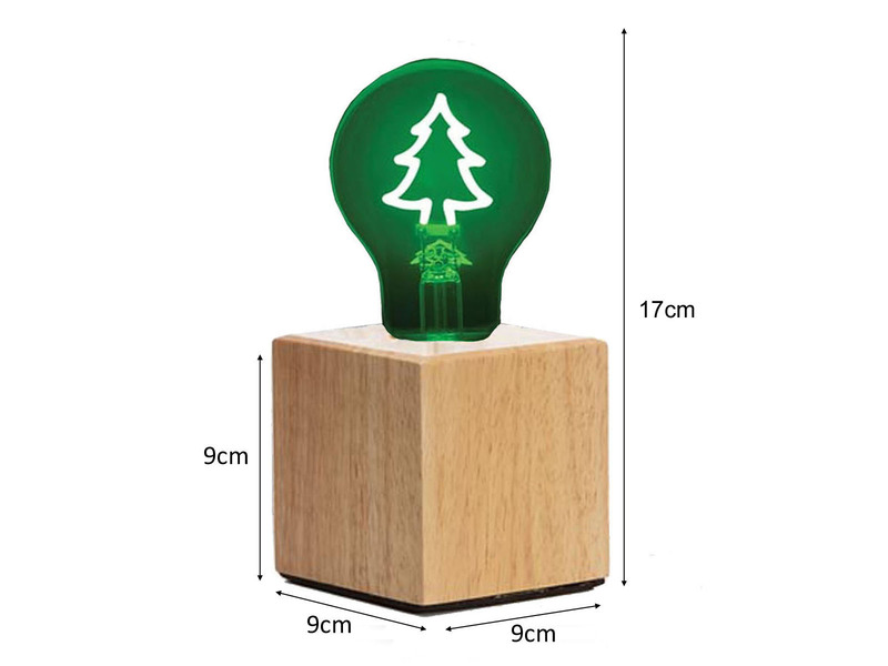 Tischlampe Würfel Holz Eiche 9x9cm mit Deko LED Glühbirne Tannenbaum