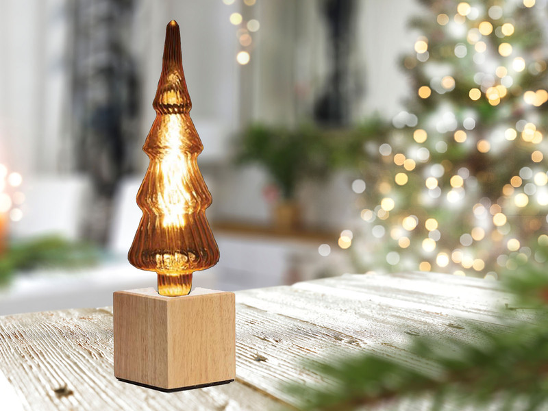 Tischlampe Würfel Holz Eiche mit Deko LED Tannenbaum, Quadrat 9cm