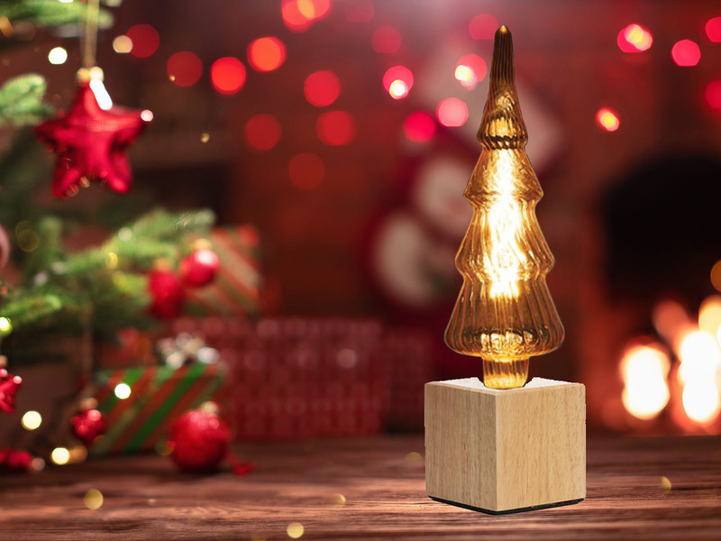 Tischlampe Würfel Holz Eiche mit Deko LED Tannenbaum, Quadrat 9cm