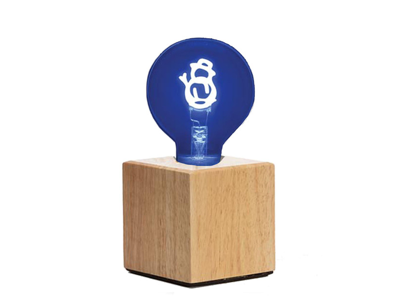 Tischlampe Würfel Holz Eiche mit Deko LED Glühbirne Schneemann, Quadrat 9cm