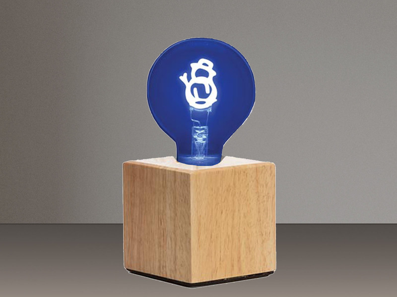 Tischlampe Würfel Holz Eiche mit Deko LED Glühbirne Schneemann, Quadrat 9cm