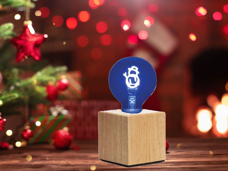 Tischlampe Würfel Holz Eiche mit Deko LED Glühbirne Schneemann, Quadrat 9cm