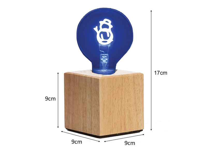 Tischlampe Würfel Holz Eiche mit Deko LED Glühbirne Schneemann, Quadrat 9cm