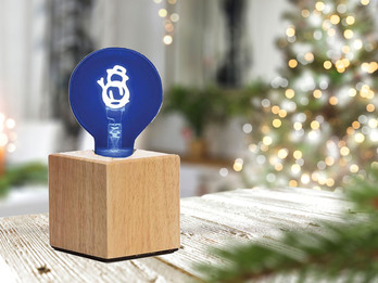Tischlampe Würfel Holz Eiche mit Deko LED Glühbirne Schneemann, Quadrat 9cm