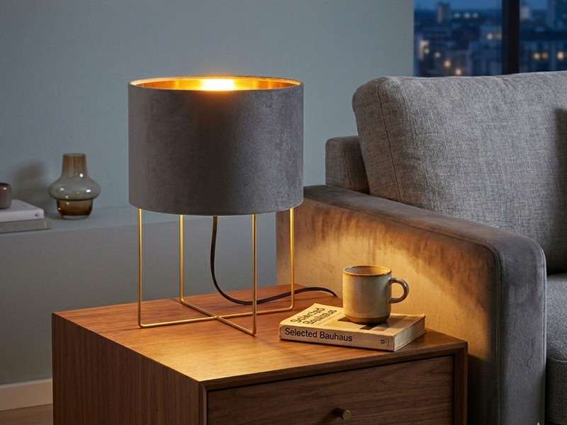 LED Tischeuchte mit Lampenschirm Samt Grau - innen Gold, Höhe 32cm