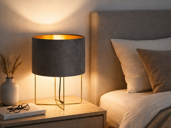 LED Tischeuchte mit Lampenschirm Samt Grau - innen Gold, Höhe 32cm